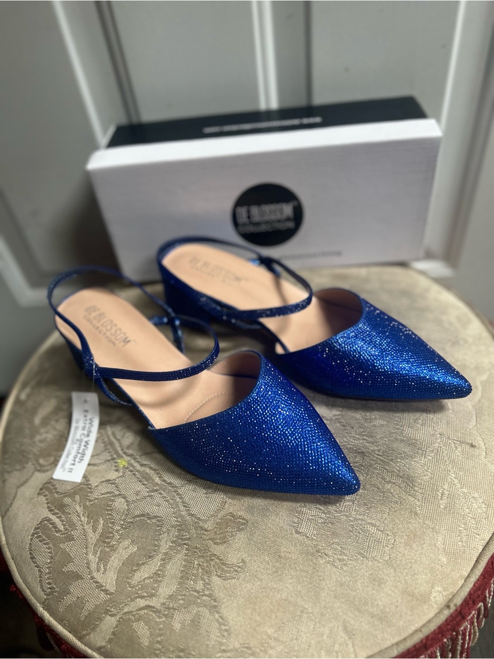 De Blossom Collection Royal Blue Glitter Pointed Slingback Flats Wide Size 10W